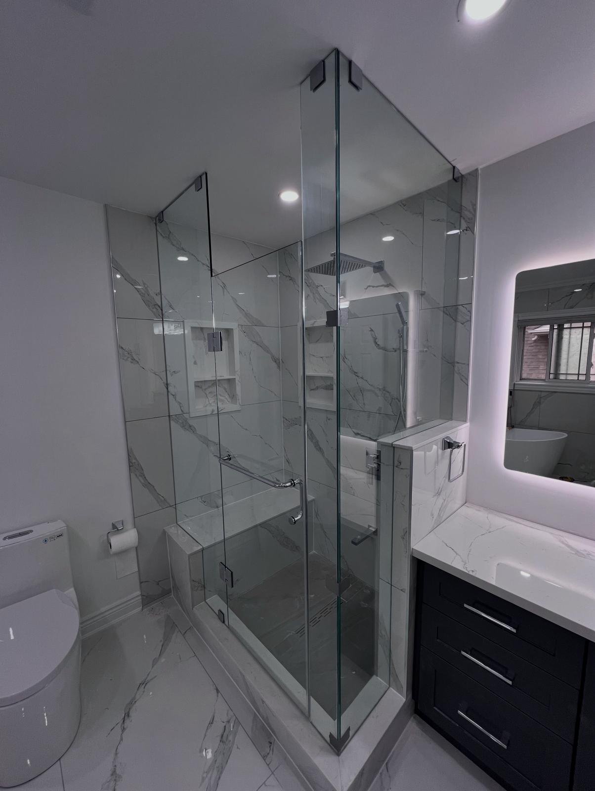 Frameless Glass Shower - LED Mirror