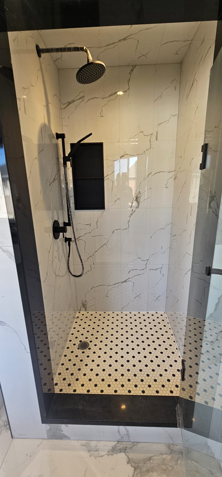 Frameless Glass Shower - Marble & Black