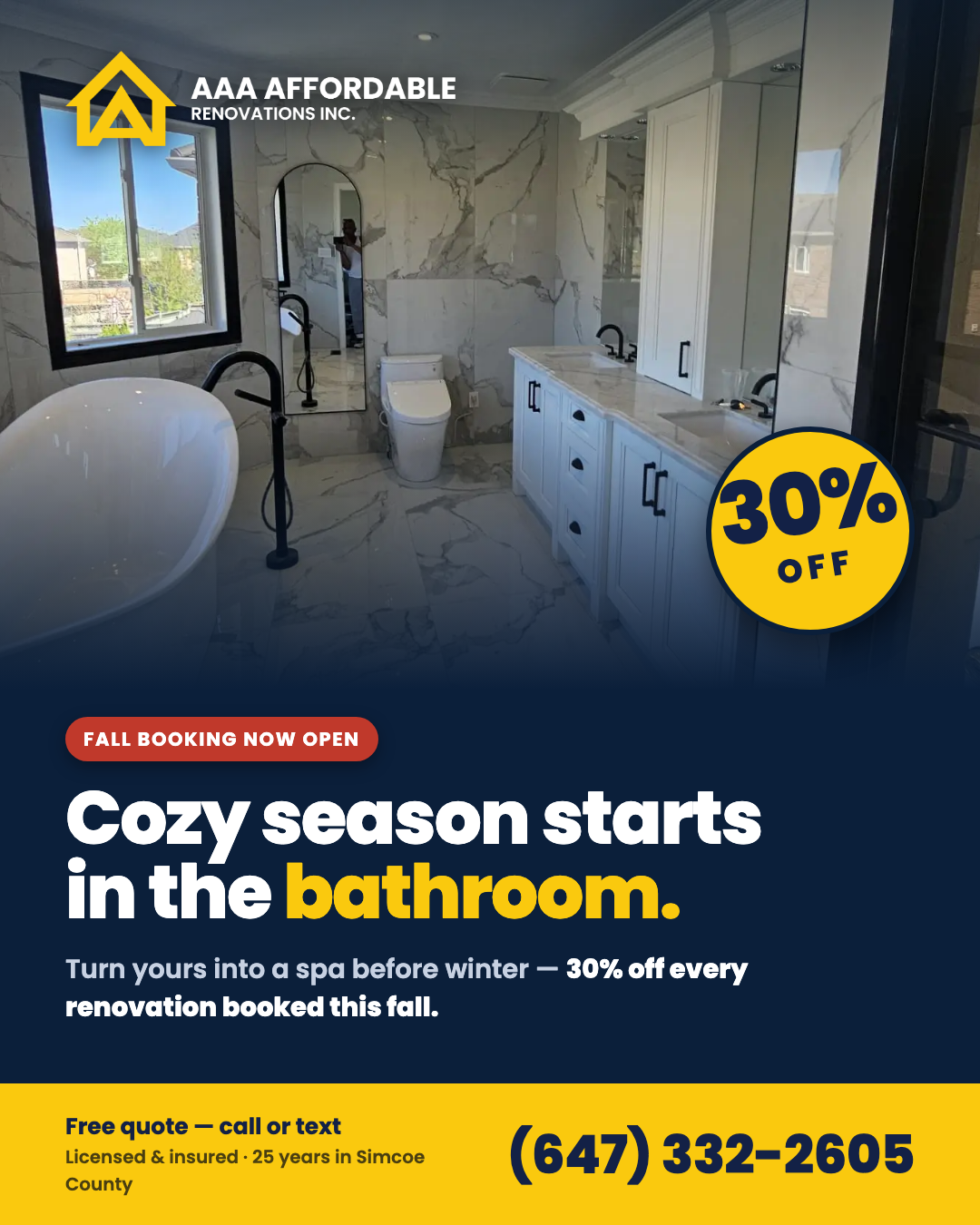 Fall bathroom renovation special \u2014 30% off \u2014 AAA Affordable Renovations