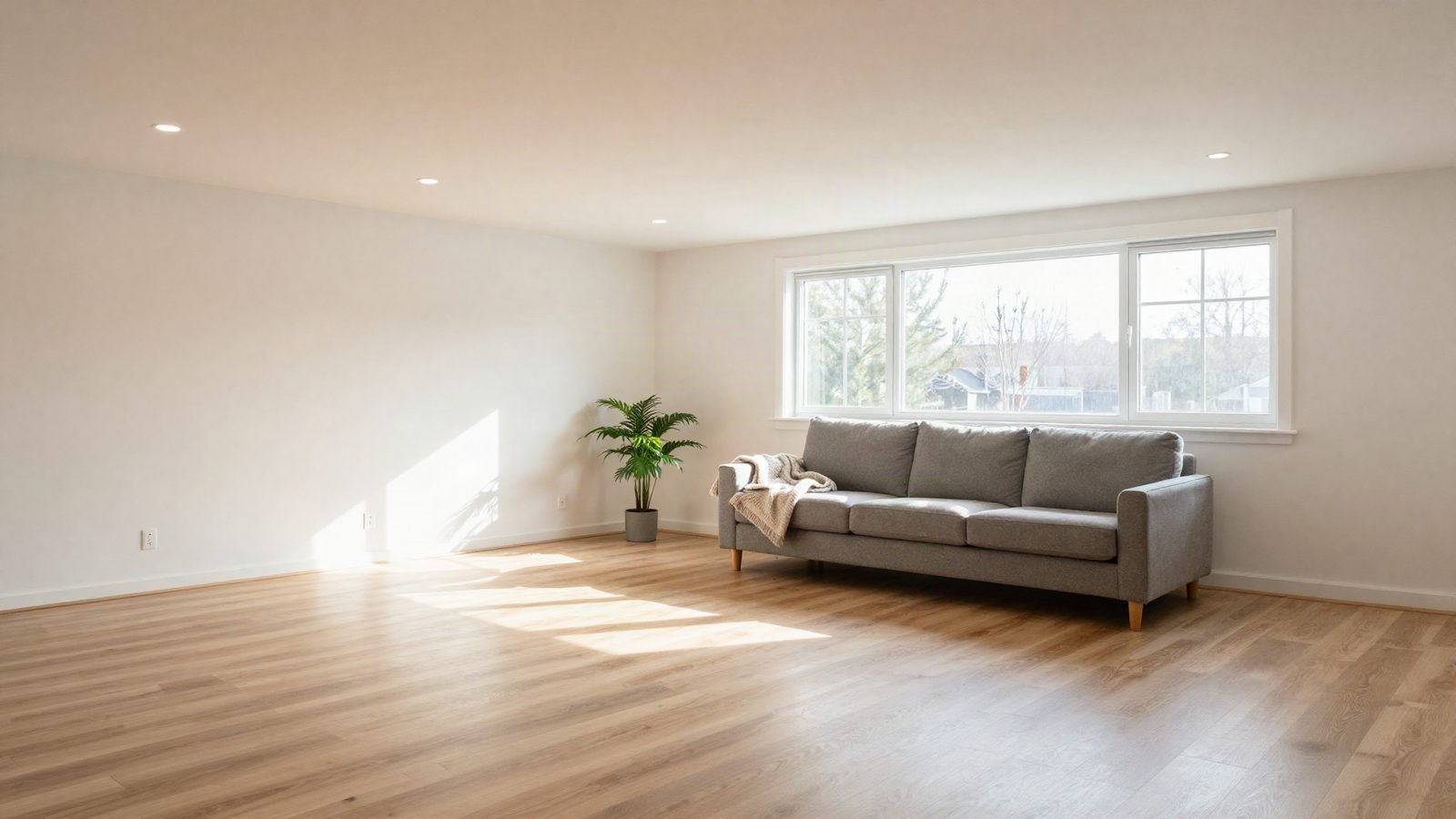 Bright, warm living room with morning sunlight on a wood floor